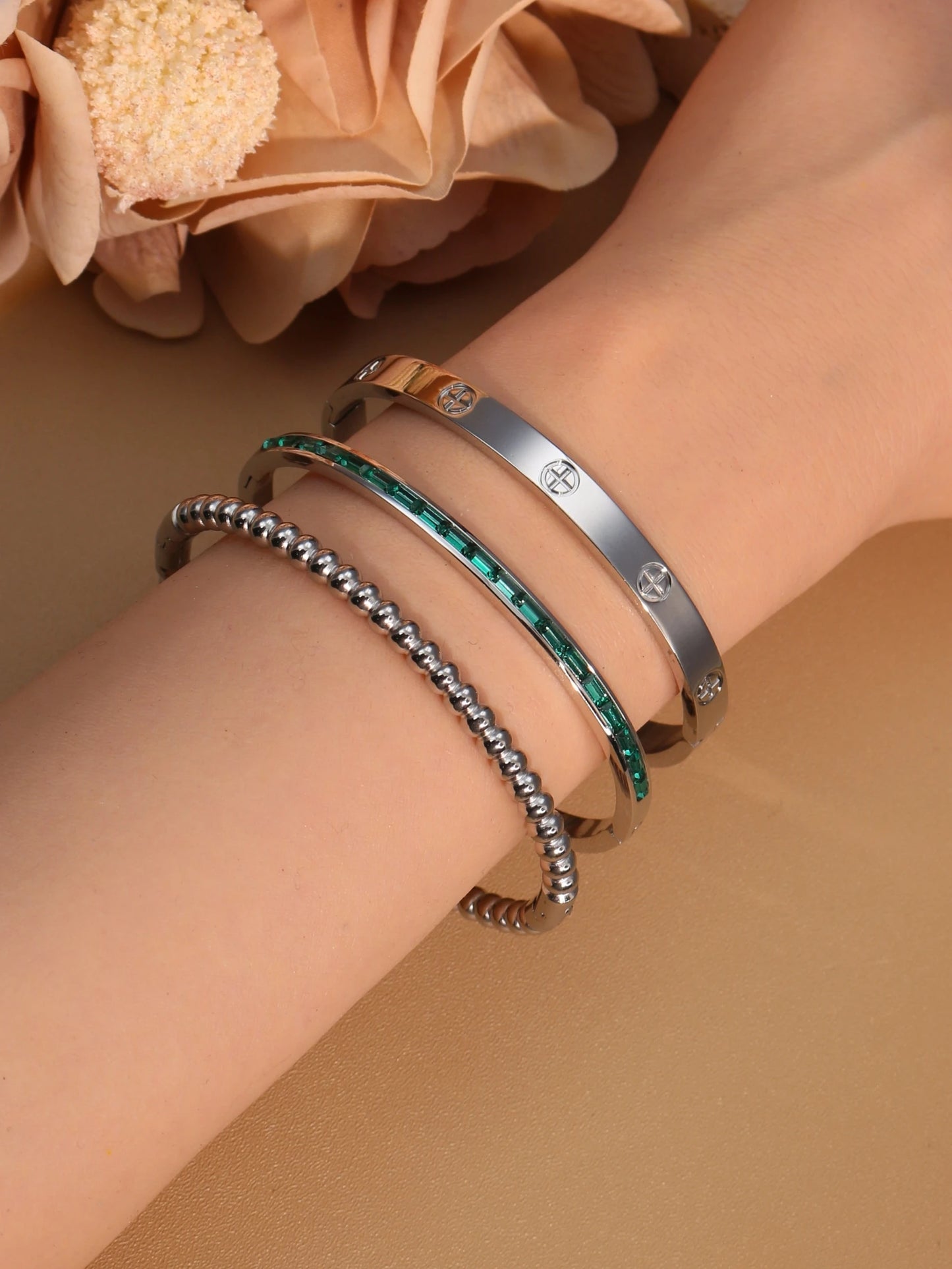 Women 18k Gold Plated Stainless Steel Green Zircon Bangles Bracelet Set Gift.