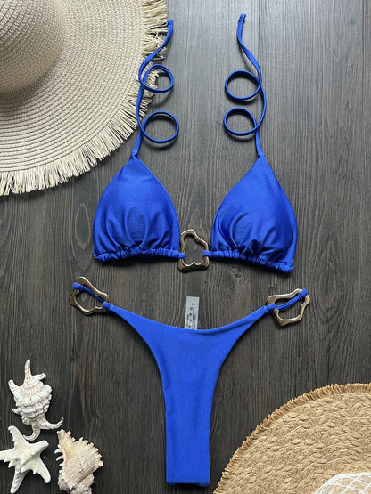 Women Bikini Solid Color Lace-up Split Two-piece Swimsuit Swimwear Suit