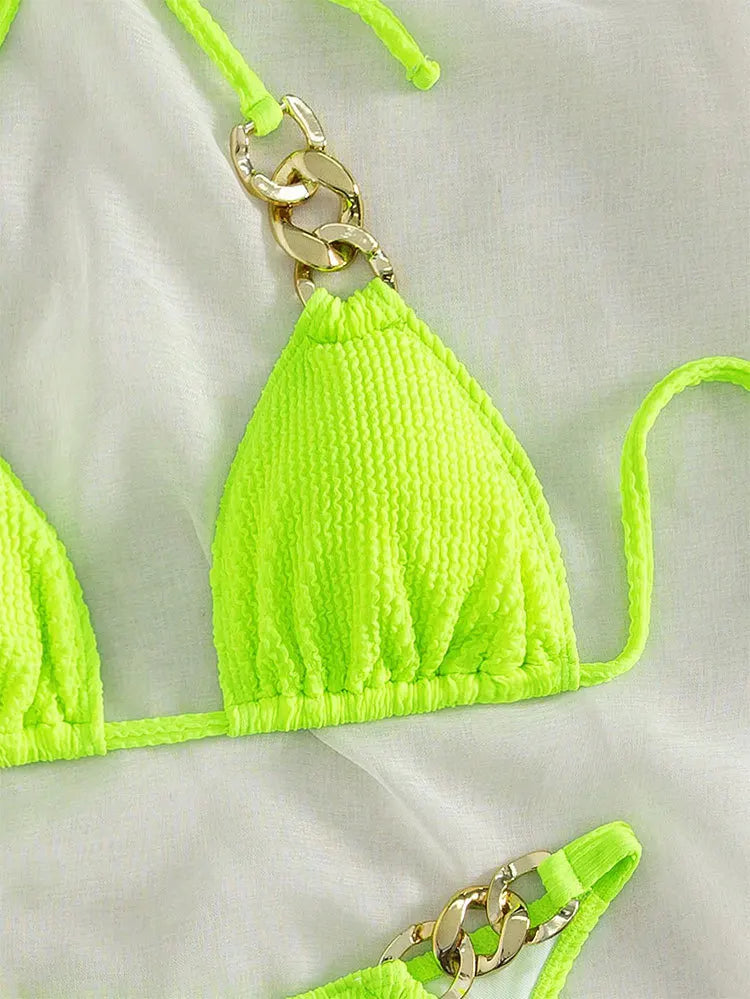 2pcs Women fluorescent green string metal tie halter bikini thong swimsuit Swimwear bathing suit