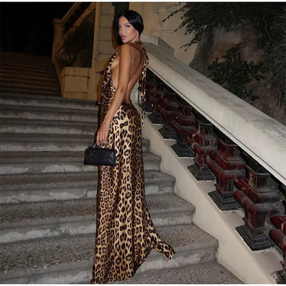 Women Vintage Satin Leopard Printed Halter Lace Up Maxi Backless Off Shoulder Sleeveless Chic Evening Dress