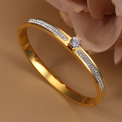 Women Beautiful Stainless Steel 18k Gold Color Bangle Crystal Design Charm Bracelet