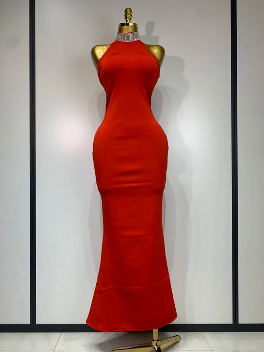 Women Elegant Red Halter Backless Celebrity Evening Party Wedding Gowns Dress