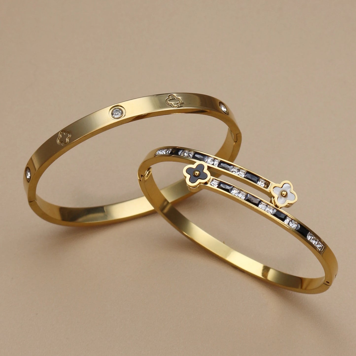 Stainless Steel Bangle Four-leaf Clover Crystal Design Stacking Bracelet Bangle