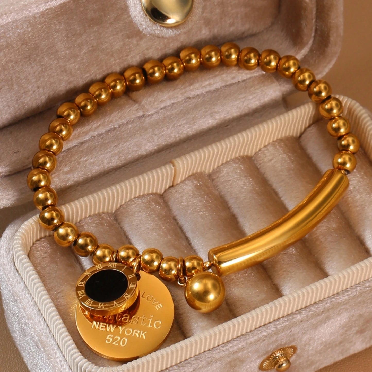 Luxury Women Roman Numeral Bead 18K Gold-Plated Stainless Steel Bangle Bracelet