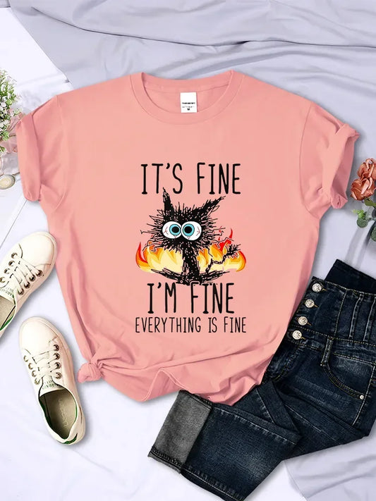 Lovely Funny Cat It's Fine I'm Fine Everything Fine Tees Harajuku Kittens Shirts