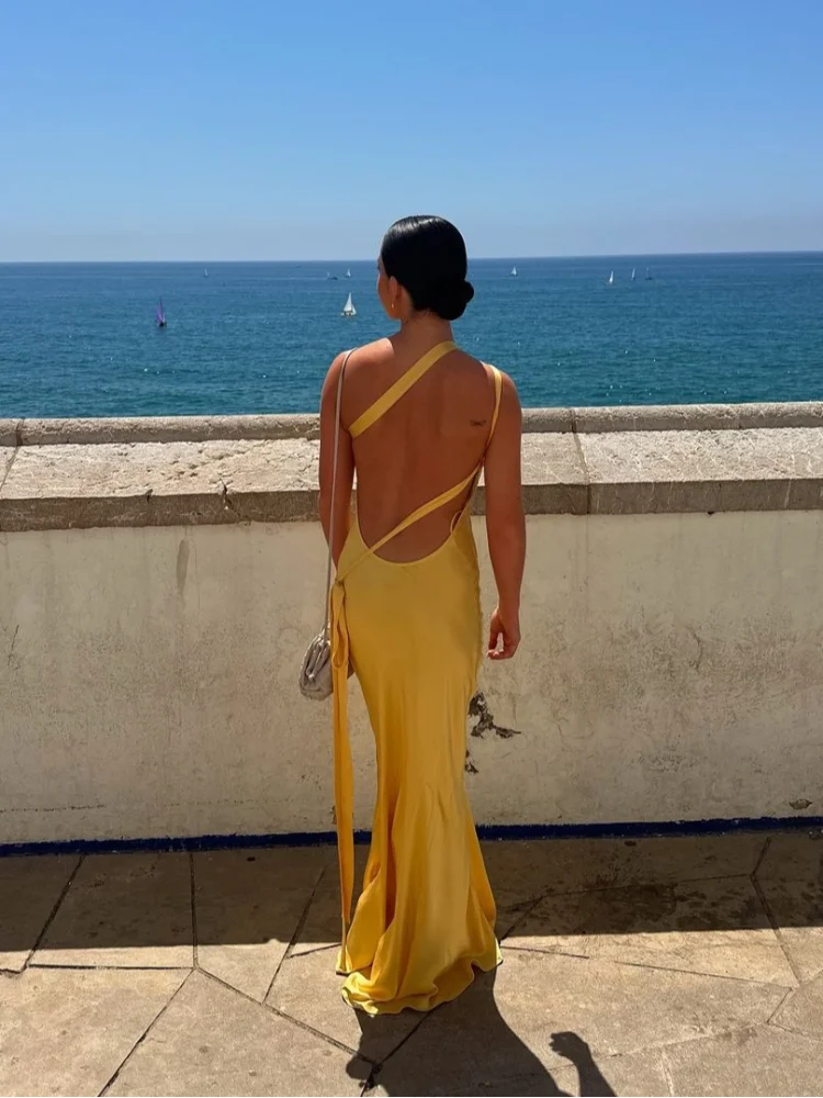 Sleeveless Solid Color Slanted Neck Backless Slim Off Shoulder High Waisted Long Evening Dress