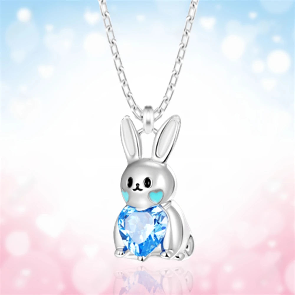 Women Fashion Girl Cartoon Bunny Animal Heart Shape Blue Crystal Rabbit Pendant Necklace Gift