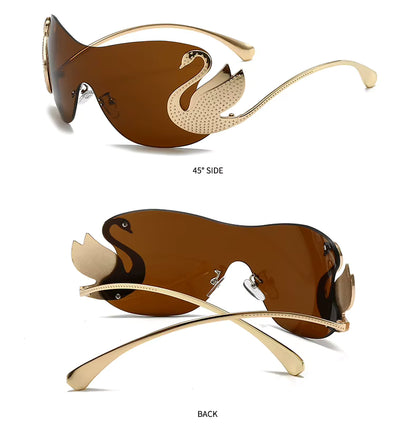Y2k Women Fashion Swan Inlay Gradient Lens Shades Oversized Rimless Sunglasses Glasses