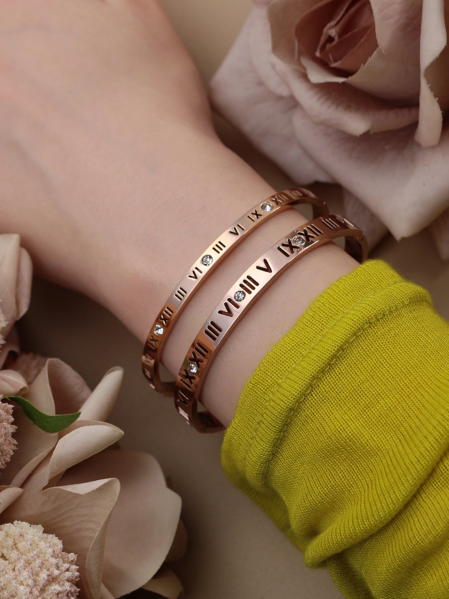 Stainless Steel 18K gold plated Roman Numeral Bracelet Bangles Ring 2-in-1 Jewelry