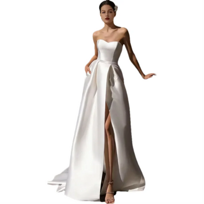 Simple Elegant Sleeveless Sweetheart A-Line Satin Wedding Bridal Gowns Side Split Robe Dress w/ Pockets
