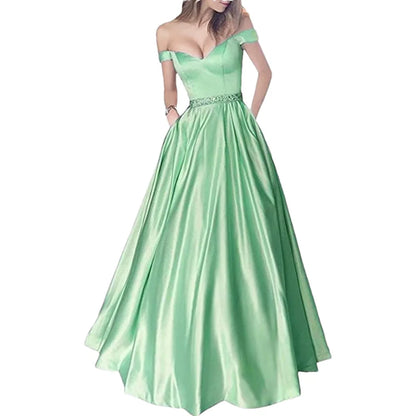 Women Off The Shoulder Beaded Satin V Neck Corset A Line Long Formal Prom Evening Party Gown Dress w/Pocket