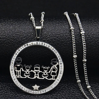 Family Boy Gril Stainless Steel Silver Color Crystal Necklace