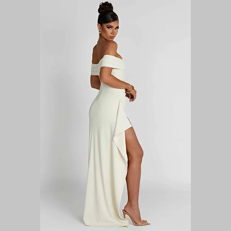 Women Off-shoulder Ruffled Thigh High Split Maxi Slash Neck Backless Bodycon Party Evening Dress