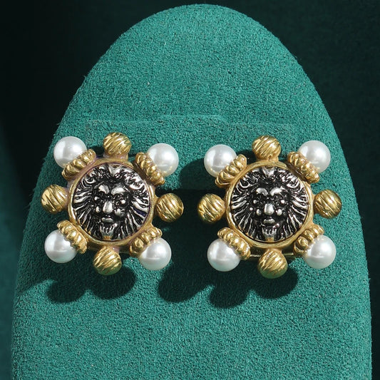 Vintage Ancient Coins Pearl Luxury Women Lion Face Designer Antique Gold Color Earrings