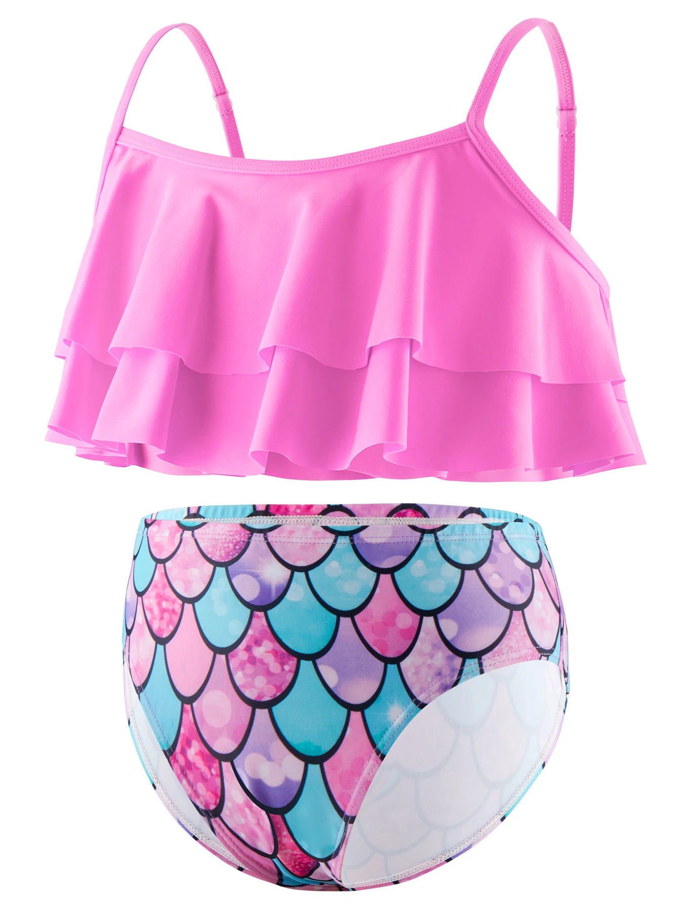 2pcs Kids Girl Sleeveless Pink Ruffle Crop Tops Scale Print Swim Briefs Swimming Suit