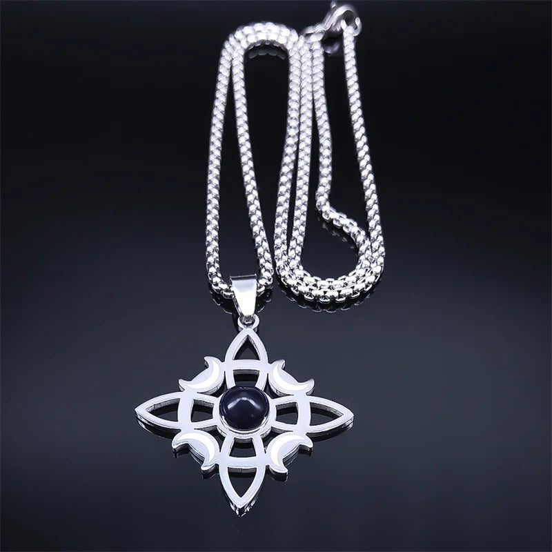 Stainless Steel Natural Stone Witch Amulet Wicca Celtic Knot Triple Moon Goddess Necklace