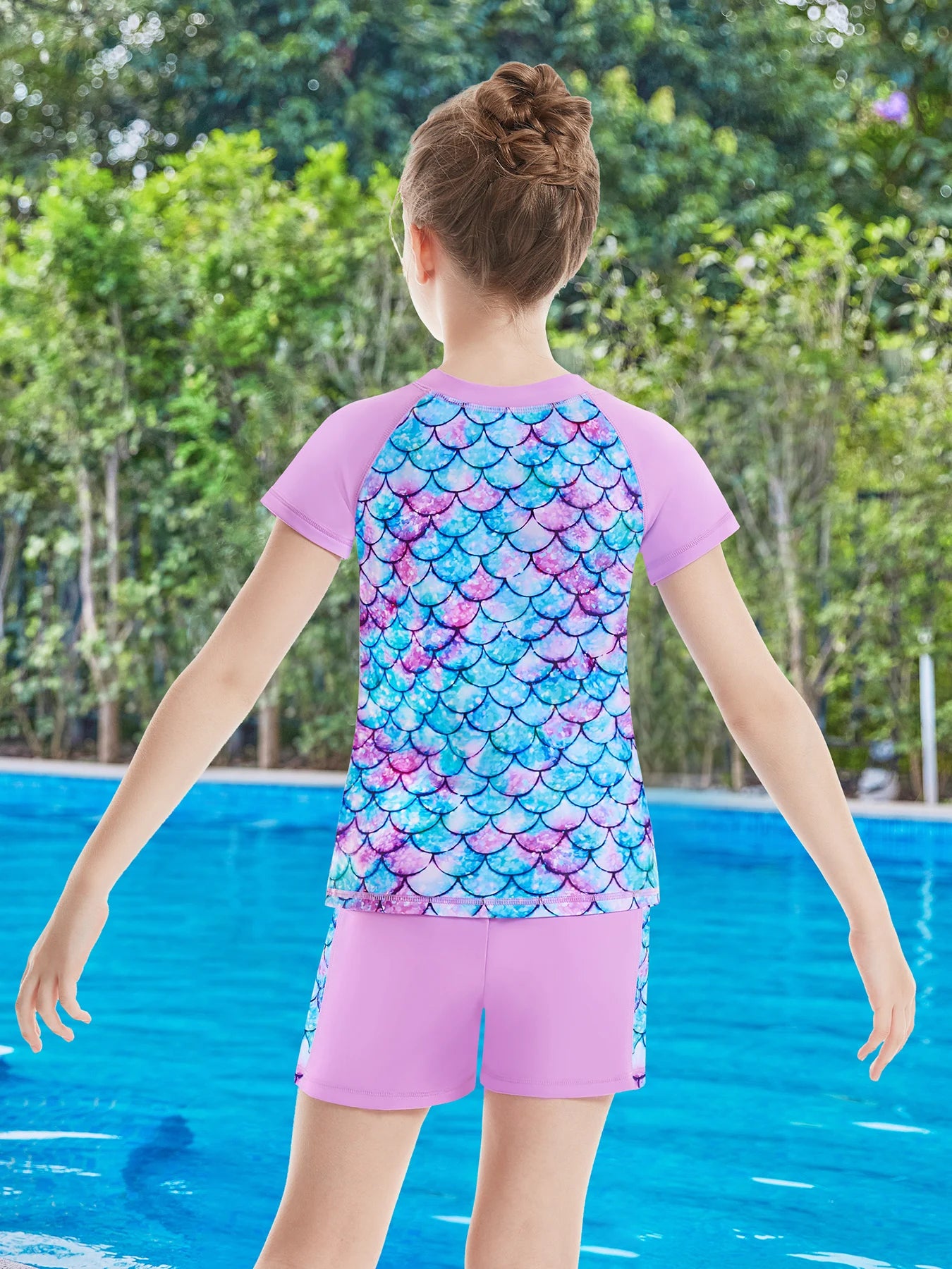 2pcs Girls Kids Short Sleeve Mermaid Scale Tops Boyleg Shorts Swimwear Beach Bathing Suit