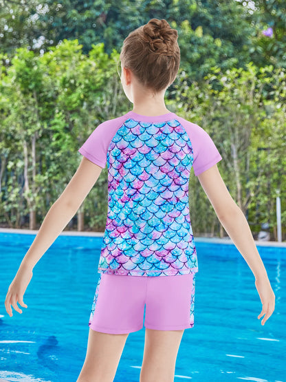 2pcs Girls Kids Short Sleeve Mermaid Scale Tops Boyleg Shorts Swimwear Beach Bathing Suit