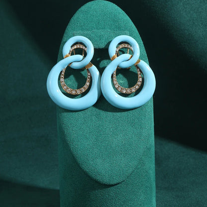 Vintage Blue Enamel 8-Shaped Infinite Women Geometry Antique Rhinestones Earrings