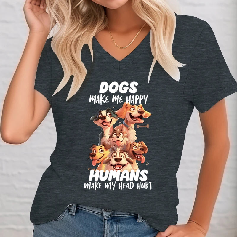 Dogs Make Me Happy Print Women Tee Tops T-Shirt