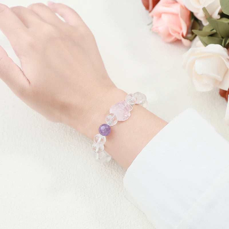 Natural Stone Rock Bead Women Sweet Pink Quartz Carved Healing Crystal Bracelets