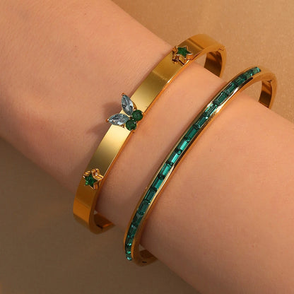 Women's Stainless Steel Green Crystal Gold Color Bracelet Bangle