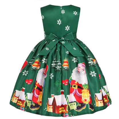 3-10Y Kids Girls Cartoon Santa Claus Snowman Christmas Tree Print Princess Party Costume Dress