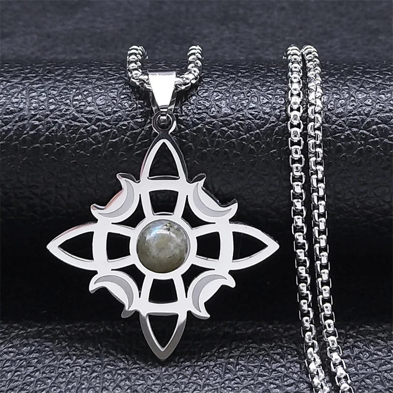 Stainless Steel Natural Stone Witch Amulet Wicca Celtic Knot Triple Moon Goddess Necklace