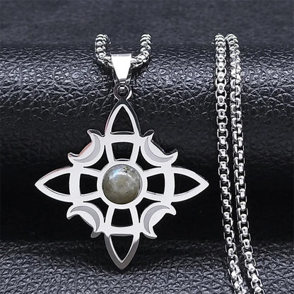 Stainless Steel Natural Stone Witch Amulet Wicca Celtic Knot Triple Moon Goddess Necklace