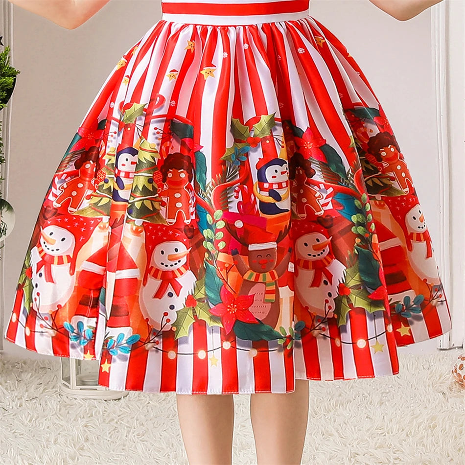 Girls Kids New Year Party Santa Claus Snowman Print Cosplay Costume Xmas Princess Theme Party Dress