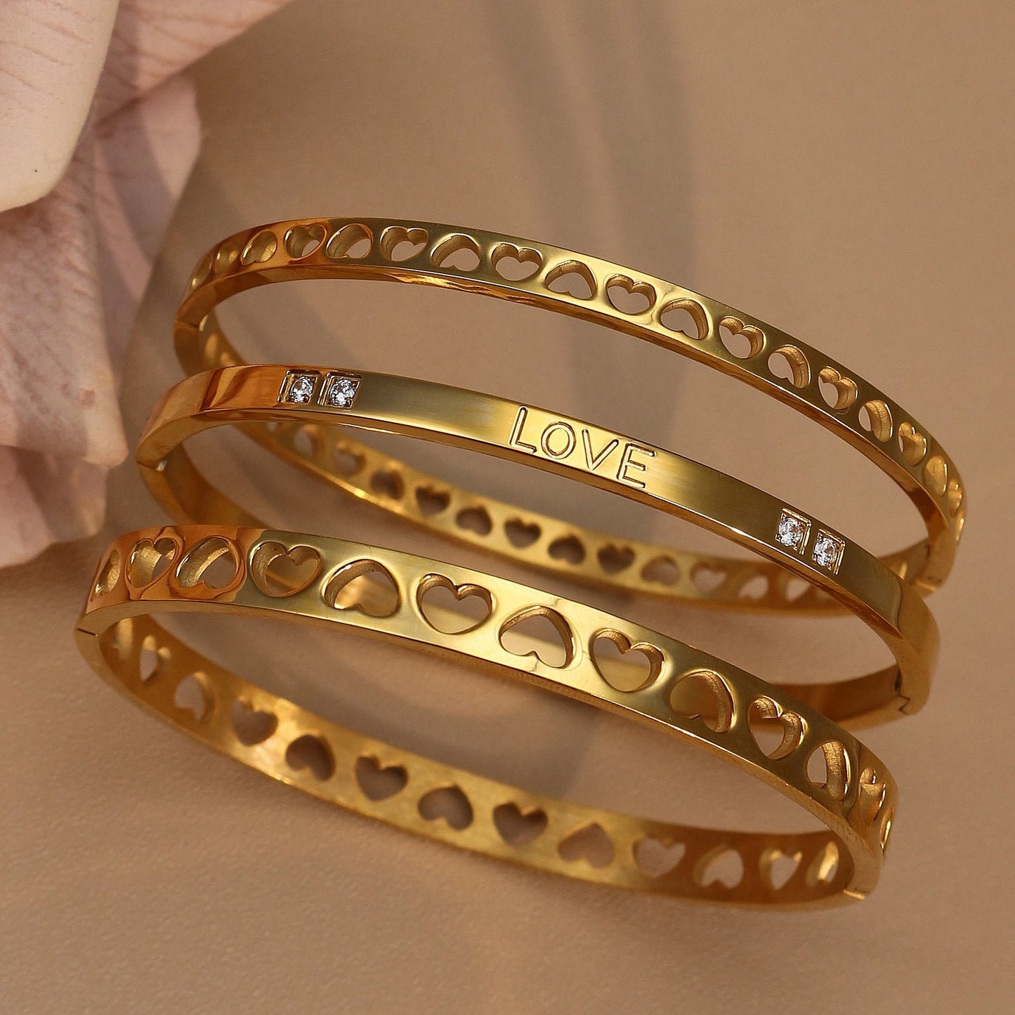 18K Gold-Plated LOVE Stainless Steel Zircon Openwork Bangle Bracelet Women's Jewelry