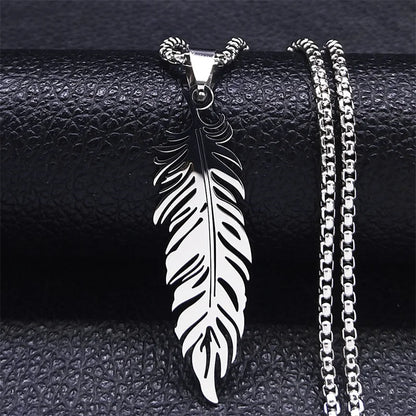Boho Leaf Feather Women Men Stainless Steel Silver Color Chain Pendant Necklace