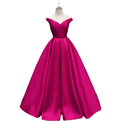 Off-Shoulder A-Line Satin Formal Women Prom Long Evening Party Gown Dress w/ Pockets