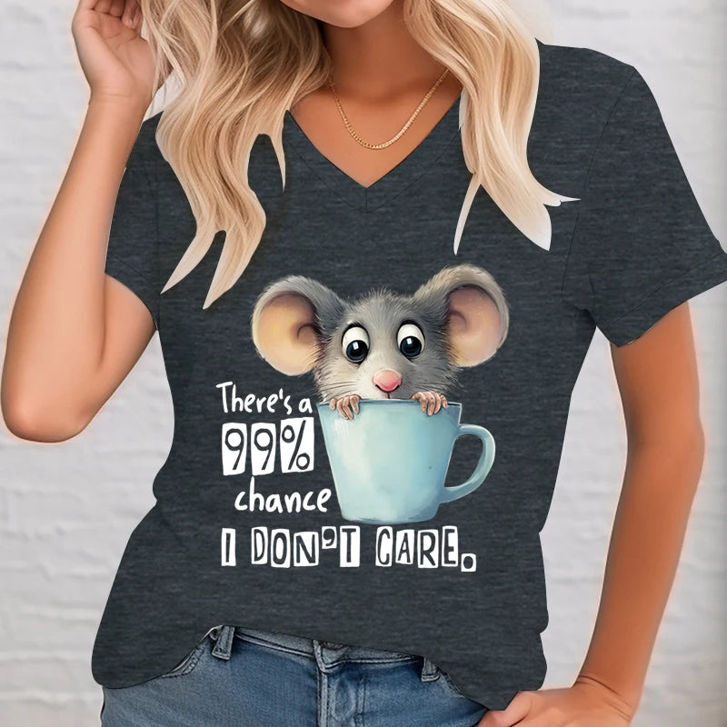 There's A 99% Chance I Don't Care Print Women Funny Humor Rabbit Animals Tops V-Neck Tees Shirt