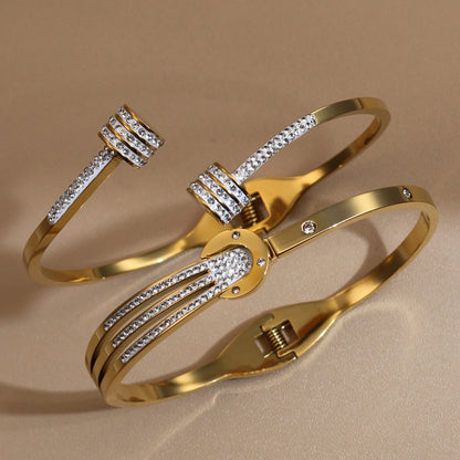 Women 18k Gold Plated Crystal Hollow Open Stainless Steel Bracelet
