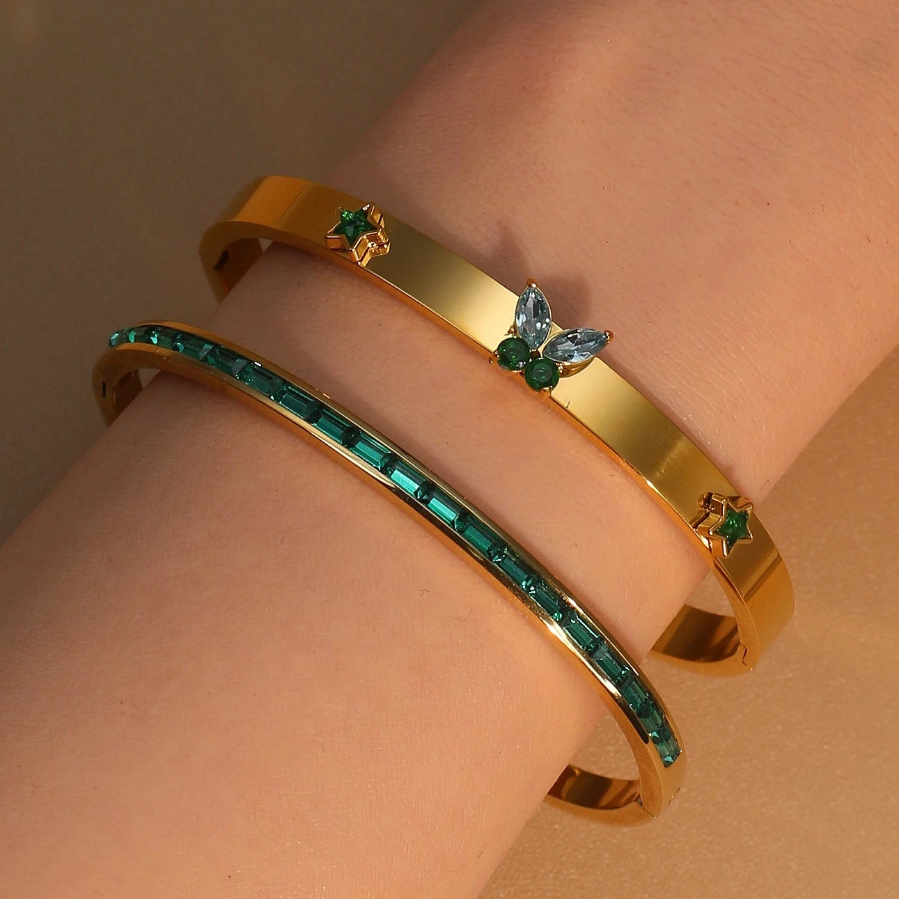 Women's Stainless Steel Green Crystal Gold Color Bracelet Bangle