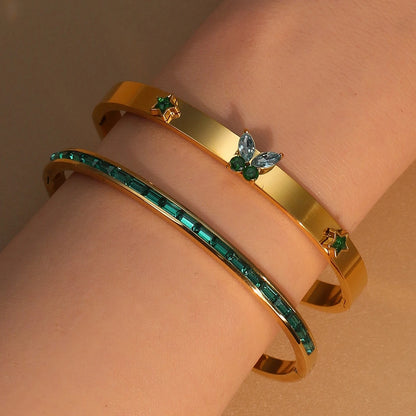 Women's Stainless Steel Green Crystal Gold Color Bracelet Bangle