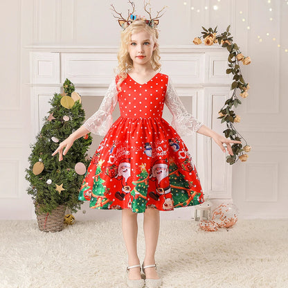 Girls Kids New Year Party Santa Claus Snowman Print Cosplay Costume Xmas Princess Theme Party Dress