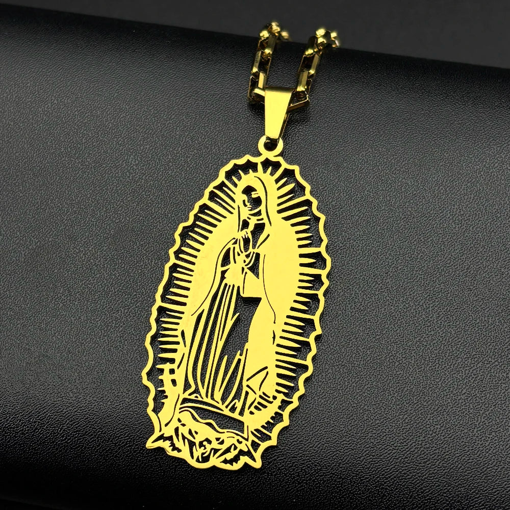 Women Men Stainless Steel Gold Color Our Lady of Guadalupe Hollow Catholic Virgin Mary Pendant Necklace