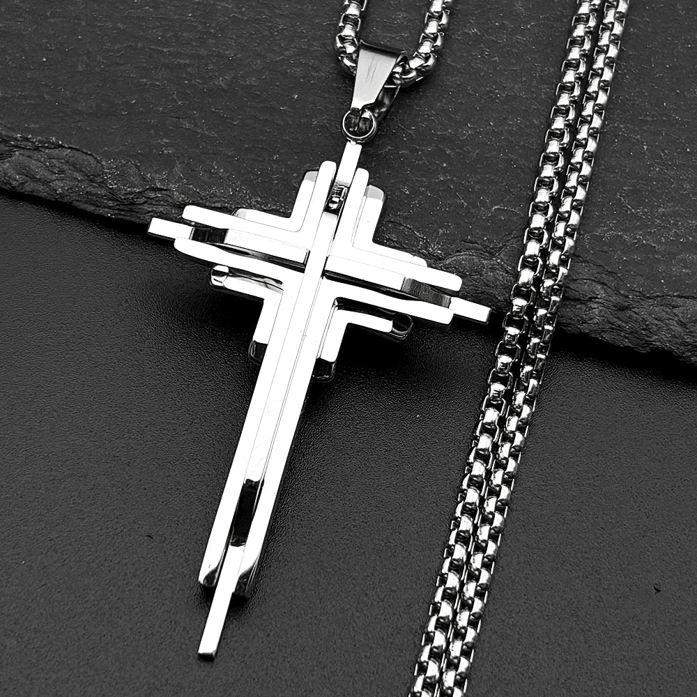 Men Women Gold Silver Color Hip Hop Crucifix Chain Amulet Stainless Steel Multi-layer Jesus Cross Pendant Necklace