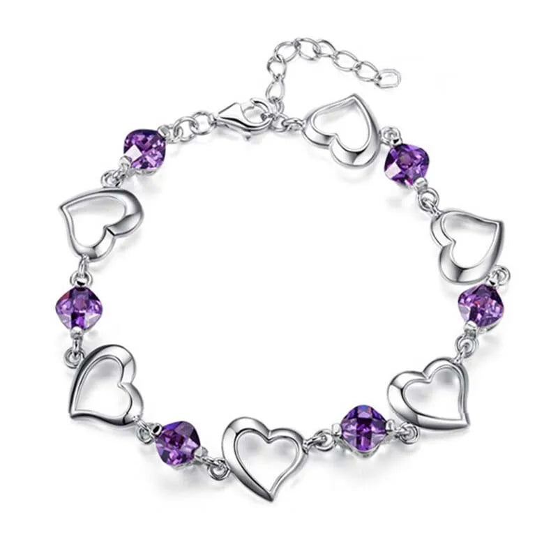 925 Sterling Silver Heart Purple Zircon Women Engagement Party Bracelet
