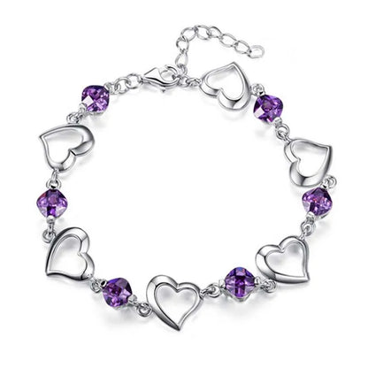 925 Sterling Silver Heart Purple Zircon Women Engagement Party Bracelet