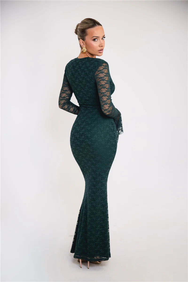 Elegant Lace Long Sleeve Maxi Fashion Deep V Neck Bodycon Party Long Dress