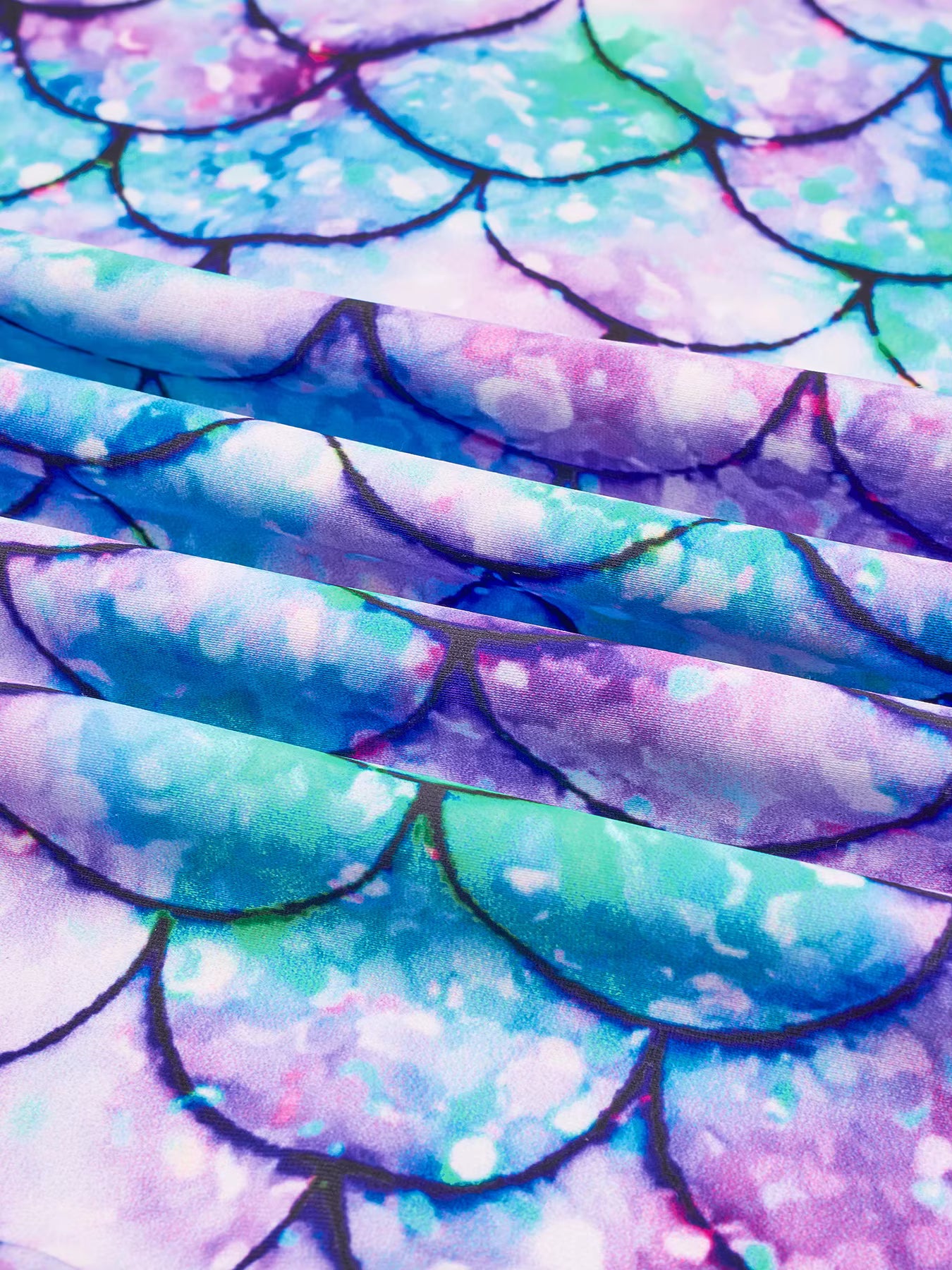 Kids Girls Long Raglan Sleeve Scale Print Zipper Boyleg Shorts Swimwear Beach Swimsuit