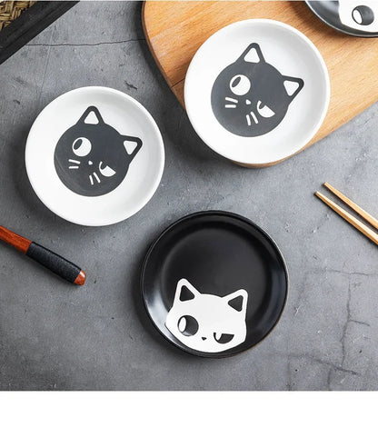 Ceramic Cartoon Cat Japanese Soy Sauce Vinegar Roast Meat Dip Round Snack Plate Bowl Dishes