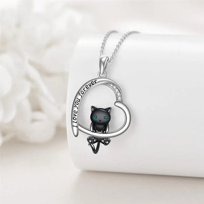 Men Women Mystery Black Cat Lovers Heart-shaped Fashion Pendant Necklace