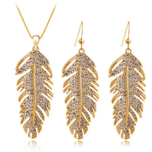 Women Feather Floating Pendant Rhinestones Gold Color Leaf Fashion Charm Lover Sets