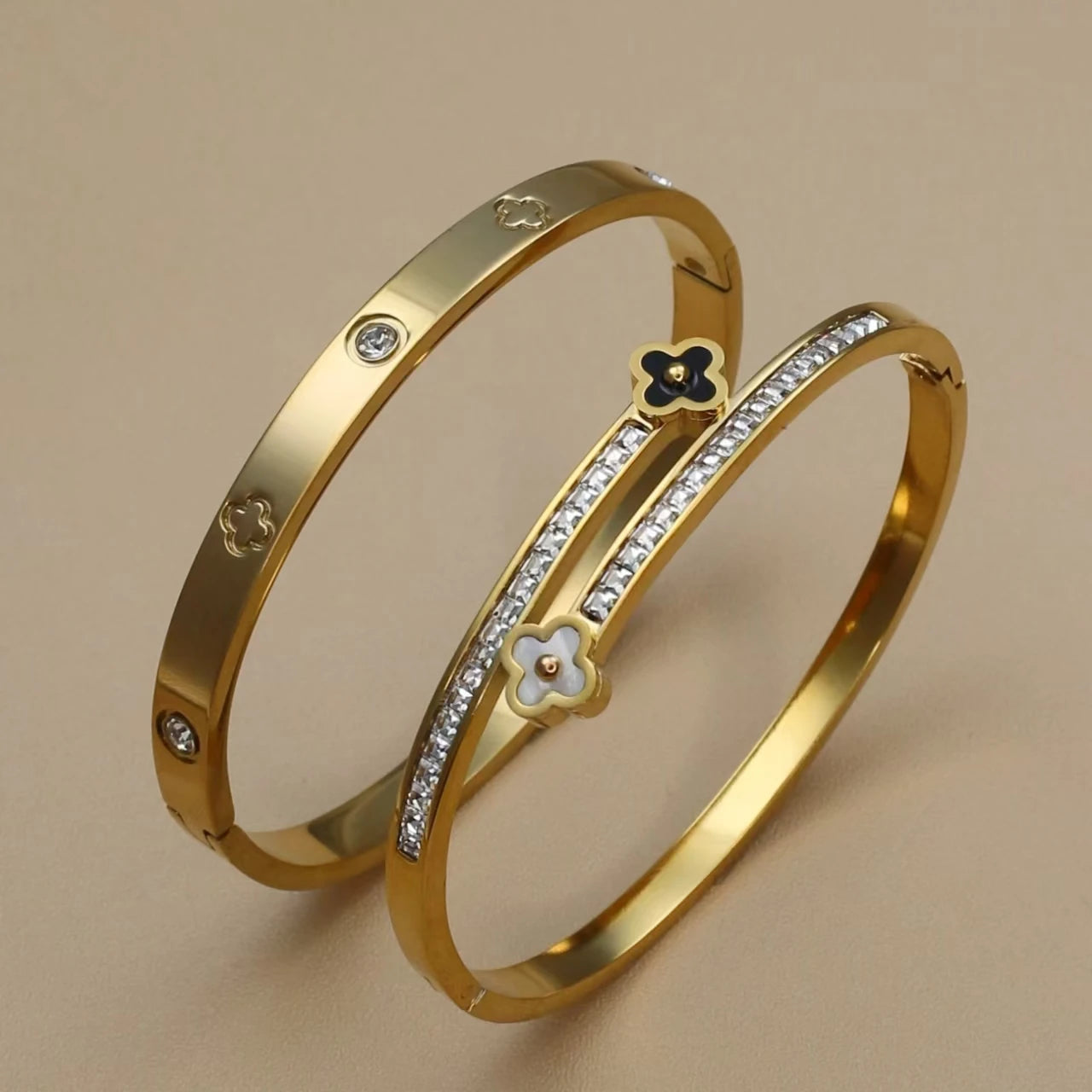 Stainless Steel Bangle Four-leaf Clover Crystal Design Stacking Bracelet Bangle