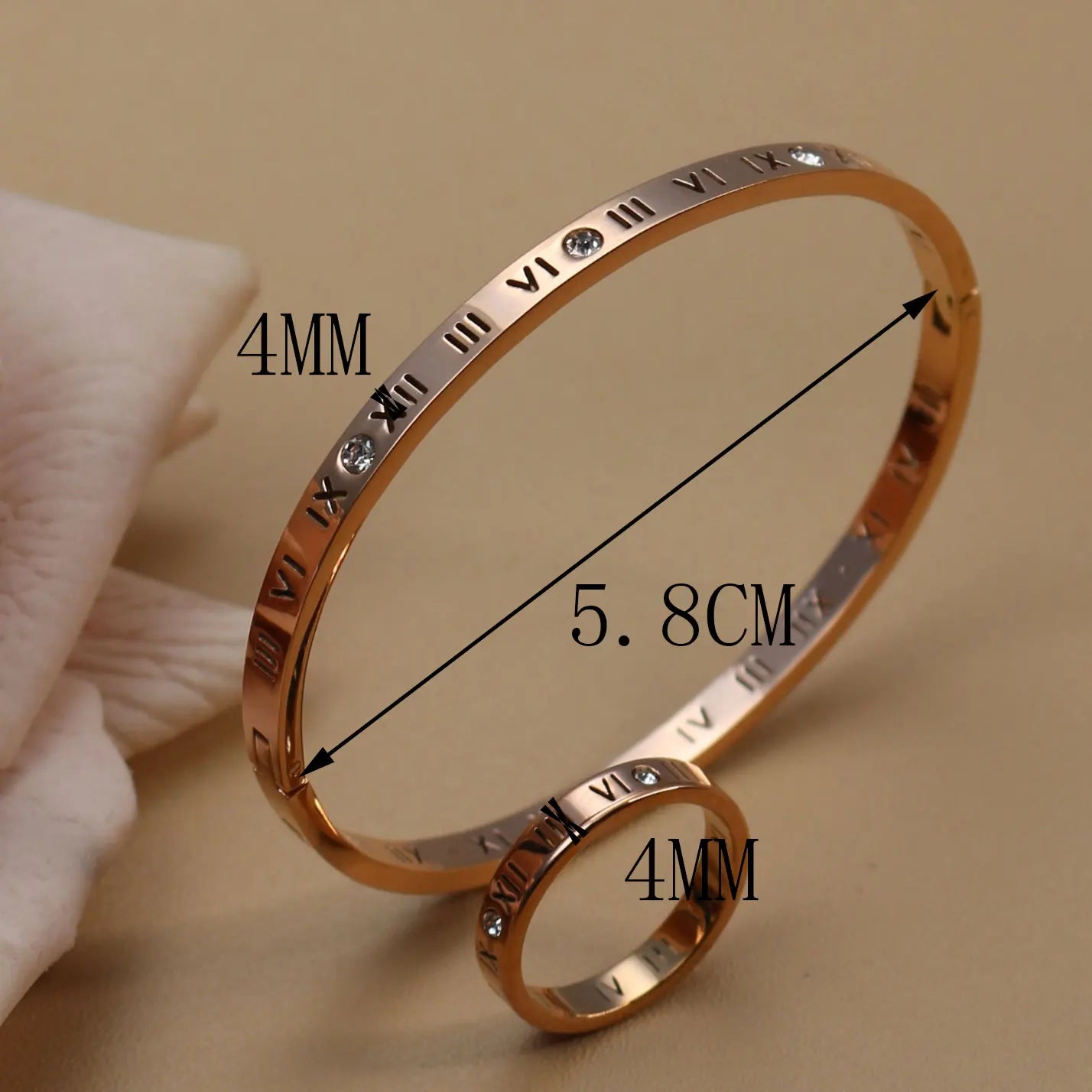 Stainless Steel 18K gold plated Roman Numeral Bracelet Bangles Ring 2-in-1 Jewelry