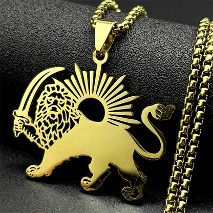 Women Men Stainless Steel Gold Color Arabic Iran Islamic Sword Lion of Persia Shamshir Pendant Necklace